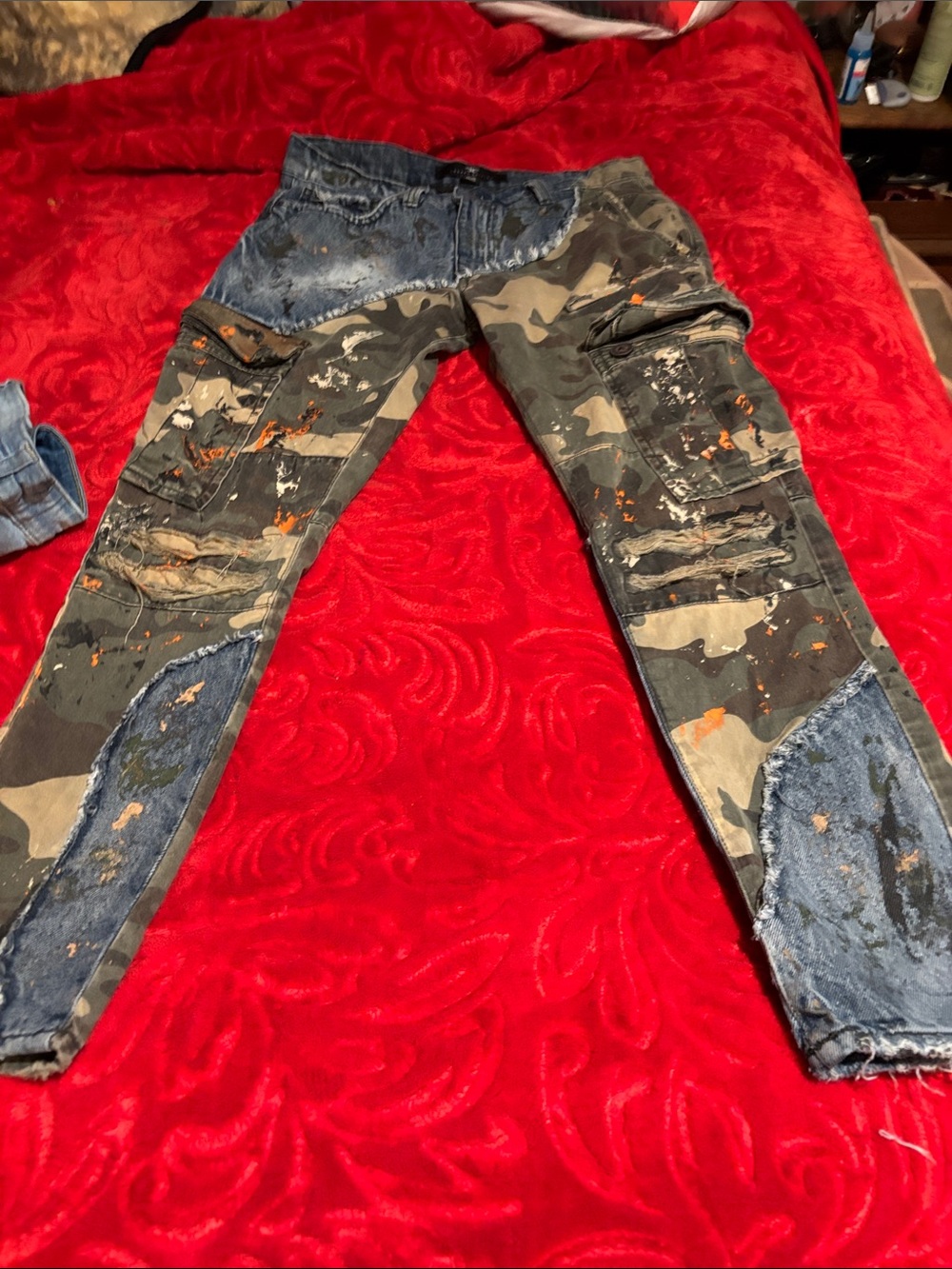 Jordan Women's Straight Leg Camouflage Patchwork Jeans with Paint Splatter